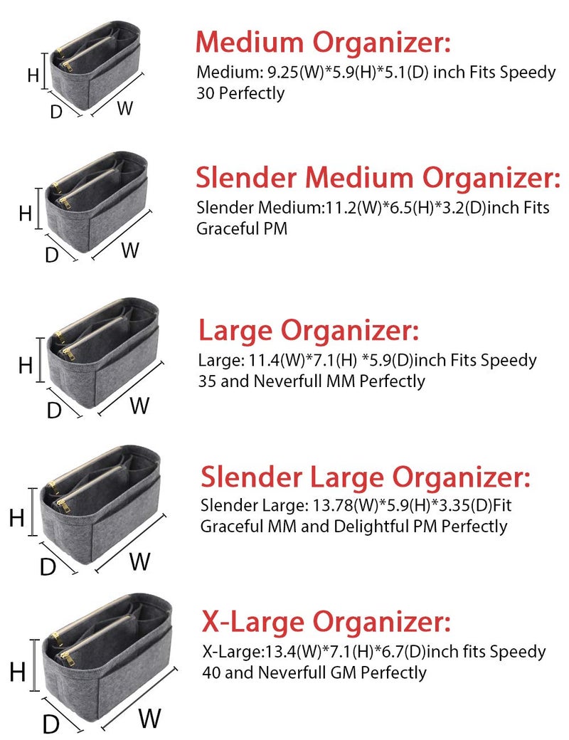 LEXSION Felt Purse Bag Organizer Insert with zipper Bag Tote Shaper Fit Speedy Neverful PM MM, B-grey, L, B-grey, L - Image 2